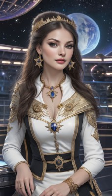 1girl,solo,long hair,breasts,looking at viewer,brown hair,long sleeves,dress,cleavage,brown eyes,jewelry,medium breasts,closed mouth,upper body,earrings,sky,belt,artist name,signature,necklace,star (symbol),white dress,bracelet,lips,makeup,watermark,moon,ring,tiara,crown,lipstick,gem,star (sky),pendant,eyeshadow,starry sky,gold trim,realistic,nose,fantasy,red lips,space,planet,earth (planet),gold chain,black hair,sitting,collarbone,forehead