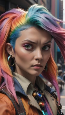 1girl,solo,long hair,looking at viewer,shirt,jewelry,closed mouth,green eyes,blue hair,jacket,upper body,ponytail,pink hair,multicolored hair,earrings,collared shirt,artist name,necklace,orange hair,blurry,two-tone hair,lips,eyelashes,makeup,depth of field,blurry background,lipstick,portrait,web address,eyeshadow,zipper,freckles,hoop earrings,realistic,nose,eyeliner,mascara,blonde hair,green hair,vest,rainbow hair