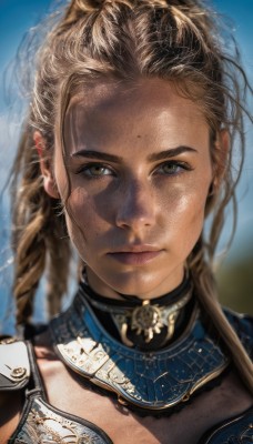 1girl,solo,long hair,looking at viewer,brown hair,brown eyes,jewelry,closed mouth,ponytail,braid,day,armor,blurry,lips,blurry background,portrait,close-up,forehead,freckles,realistic,nose,hair pulled back,blonde hair,yellow eyes,choker