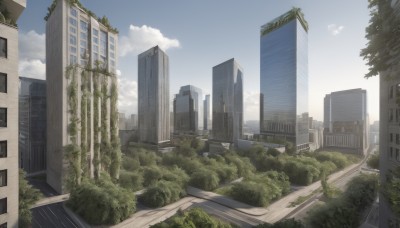 outdoors,sky,day,cloud,tree,blue sky,no humans,window,cloudy sky,plant,building,scenery,city,cityscape,ruins,skyscraper,overgrown,post-apocalypse,road