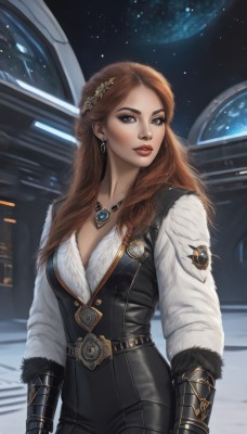 1girl,solo,long hair,breasts,looking at viewer,blue eyes,brown hair,shirt,hair ornament,gloves,long sleeves,cleavage,brown eyes,jewelry,medium breasts,white shirt,cowboy shot,earrings,parted lips,belt,pants,necklace,vest,lips,fur trim,makeup,black pants,lipstick,gauntlets,star (sky),pendant,eyeshadow,starry sky,realistic,red lips,space,planet,science fiction,nose,earth (planet)