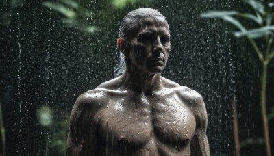 solo,1boy,closed mouth,nipples,upper body,white hair,male focus,nude,outdoors,blurry,tree,wet,muscular,blurry background,pectorals,muscular male,nature,forest,rain,realistic,wet hair,manly,chest hair,short hair,collarbone,grey hair,night,bara,water drop,bamboo,old,old man