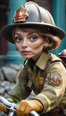 1girl,solo,looking at viewer,short hair,blonde hair,brown hair,gloves,long sleeves,hat,brown eyes,jacket,upper body,earrings,outdoors,parted lips,belt,bag,blurry,uniform,lips,military,military uniform,blurry background,backpack,helmet,ground vehicle,motor vehicle,brown gloves,freckles,realistic,red lips,riding,badge,bicycle,patch,scar,nose,dirty,dirty face,chin strap