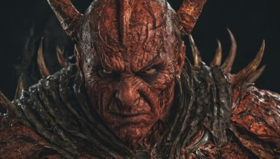 solo,looking at viewer,simple background,1boy,brown eyes,closed mouth,upper body,male focus,horns,armor,orange eyes,scar,helmet,black background,shoulder armor,portrait,spikes,pauldrons,fake horns,horned helmet,yellow eyes,teeth,colored skin,facial hair,sharp teeth,clenched teeth,angry,veins,red skin,shoulder spikes