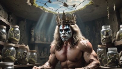 solo,long hair,blue eyes,1boy,nipples,upper body,male focus,sky,day,indoors,tattoo,mask,muscular,glowing,facial hair,bird,scar,abs,sunlight,bottle,crown,pectorals,muscular male,bara,glowing eyes,beard,large pectorals,veins,topless male,light rays,manly,biceps,statue,jar,blonde hair,white hair,cloud,facepaint,sunbeam