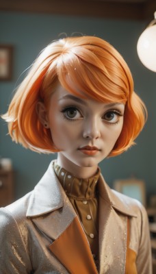 1girl,solo,looking at viewer,short hair,bangs,shirt,brown eyes,jewelry,closed mouth,jacket,upper body,earrings,indoors,orange hair,blurry,lips,coat,eyelashes,makeup,buttons,depth of field,blurry background,swept bangs,turtleneck,bob cut,lipstick,realistic,nose,red lips,stud earrings,chalkboard,parted lips,artist name,sweater,brown jacket,light