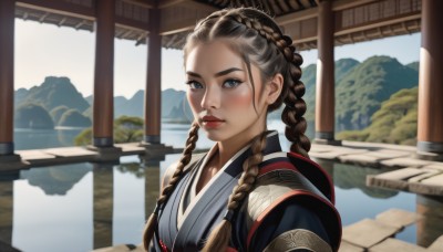 1girl,solo,long hair,looking at viewer,blush,blue eyes,brown hair,upper body,braid,outdoors,parted lips,japanese clothes,day,kimono,water,twin braids,lips,reflection,mountain,nose,red lips,architecture,east asian architecture,lake,multiple braids,black hair,closed mouth,sky,blurry,makeup,sunlight,thick eyebrows,forehead,realistic