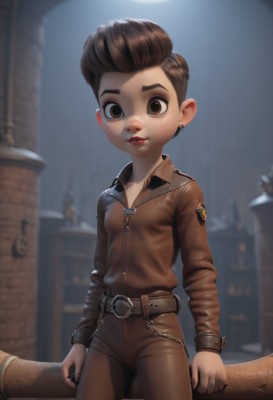 1girl,solo,breasts,looking at viewer,short hair,brown hair,brown eyes,jewelry,jacket,cowboy shot,earrings,belt,blurry,lips,blurry background,ring,child,zipper,freckles,stud earrings,leather,leather jacket,small breasts,pants,nail polish,brown jacket,male child,very short hair,pompadour