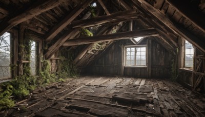 outdoors,day,indoors,tree,dutch angle,no humans,window,sunlight,plant,scenery,stairs,ruins,vines,pillar,moss,overgrown,broken window,grass,wooden floor,broken,ceiling,post-apocalypse