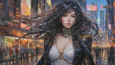 1girl,long hair,breasts,looking at viewer,blue eyes,black hair,dress,cleavage,jewelry,medium breasts,jacket,upper body,earrings,outdoors,parted lips,multiple boys,solo focus,necklace,white dress,black eyes,lips,night,floating hair,ground vehicle,wind,building,6+boys,city,sign,realistic,road,street,crowd,bangs,multiple girls,holding,closed mouth,collarbone,choker,artist name,bag,cape,black jacket,grey eyes,walking,rain,red lips,car,city lights,people,storefront