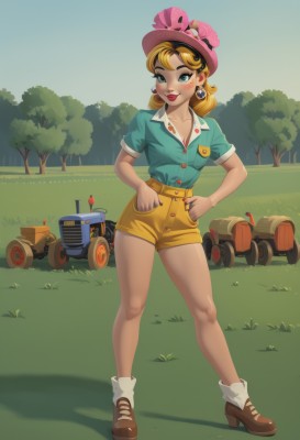 1girl,solo,breasts,looking at viewer,blush,smile,short hair,blue eyes,blonde hair,shirt,hat,jewelry,standing,collarbone,full body,short sleeves,earrings,outdoors,shoes,shorts,day,socks,collared shirt,medium hair,high heels,tree,lips,short shorts,bare legs,makeup,buttons,brown footwear,grass,blue shirt,lipstick,white socks,ground vehicle,motor vehicle,freckles,hands on hips,red lips,car,yellow shorts,high-waist shorts,aqua shirt,long hair,cleavage,flower,small breasts,hands in pockets,hat flower,yellow headwear