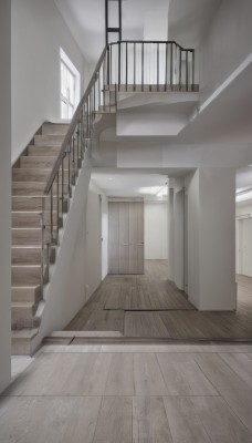 indoors,no humans,window,scenery,wooden floor,stairs,door,railing,ceiling,hallway,ceiling light,shadow