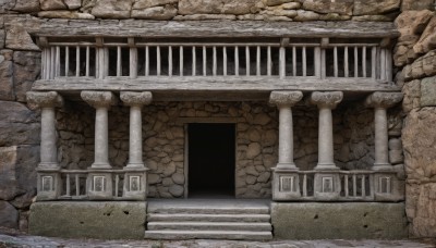 outdoors,no humans,traditional media,scenery,stairs,wall,architecture,ruins,pillar,arch,stone,column,stone floor,stone wall,stone stairs,window,building,rock,door,railing,bridge,statue,gate,real world location