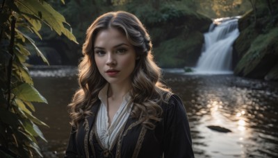 1girl,solo,long hair,looking at viewer,brown hair,shirt,brown eyes,white shirt,upper body,outdoors,parted lips,day,water,blurry,tree,lips,blurry background,leaf,wavy hair,nature,forest,curly hair,realistic,river,waterfall,lake,teeth,depth of field,sunlight,plant