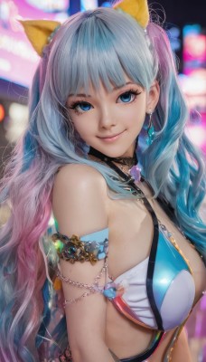 1girl,solo,long hair,breasts,looking at viewer,smile,bangs,blue eyes,large breasts,hair ornament,animal ears,bare shoulders,twintails,jewelry,medium breasts,closed mouth,blue hair,swimsuit,upper body,pink hair,multicolored hair,earrings,choker,signature,mole,blurry,two-tone hair,lips,eyelashes,gradient hair,blurry background,wavy hair,gem,armlet,realistic,grey hair,bikini,virtual youtuber,cat ears,blunt bangs,depth of field