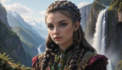 1girl,solo,long hair,looking at viewer,smile,blue eyes,brown hair,black hair,jewelry,green eyes,upper body,braid,earrings,outdoors,parted lips,sky,teeth,day,cloud,water,necklace,twin braids,tree,blue sky,lips,eyelashes,brooch,gem,portrait,nature,scenery,hair over shoulder,forehead,freckles,mountain,realistic,nose,fantasy,waterfall,cliff,multiple braids,multicolored hair,makeup,sunlight,thick eyebrows,eyeshadow,epaulettes