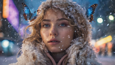 1girl, solo, long hair, looking at viewer, blue eyes, blonde hair, parted lips, hood, blurry, lips, coat, fur trim, eyelashes, blurry background, bug, butterfly, portrait, snow, freckles, snowing, realistic, nose