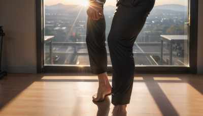 solo,1boy,standing,ass,male focus,barefoot,pants,indoors,feet,window,toes,shadow,chair,black pants,sunlight,bara,lens flare,out of frame,toenails,sunset,sun,cityscape,sunrise,shirt,multiple boys,sky,day,2boys,building,scenery,yaoi,reflection,balcony