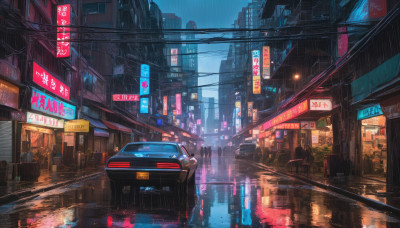 outdoors, sky, no humans, night, ground vehicle, building, scenery, motor vehicle, reflection, rain, city, sign, car, road, cityscape, power lines, lamppost, street, skyscraper, road sign, puddle, neon lights, crosswalk