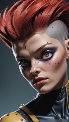 1girl,solo,looking at viewer,short hair,simple background,brown eyes,collarbone,yellow eyes,red hair,artist name,lips,gradient,gradient background,eyelashes,bodysuit,makeup,piercing,lipstick,portrait,close-up,eyeshadow,freckles,realistic,nose,red lips,eyeliner,undercut,mascara,closed mouth,spiked hair,serious,very short hair,cyborg,mohawk,eyebrow piercing