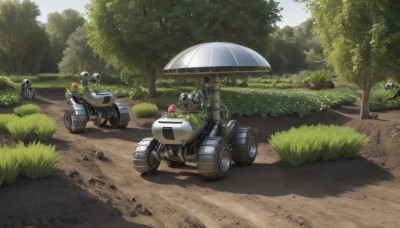 flower,outdoors,multiple boys,day,tree,military,no humans,umbrella,helmet,grass,robot,ground vehicle,nature,scenery,mecha,motor vehicle,forest,realistic,military vehicle,road,bush,tank,vehicle focus,motorcycle,caterpillar tracks,soldier,weapon,sky,gun,shadow,science fiction