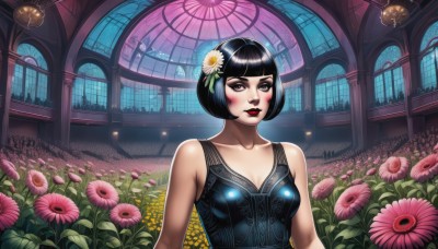 1girl,solo,breasts,looking at viewer,blush,short hair,bangs,black hair,hair ornament,dress,cleavage,bare shoulders,brown eyes,medium breasts,collarbone,upper body,flower,sleeveless,indoors,hair flower,blunt bangs,black eyes,lips,grey eyes,window,makeup,watermark,bob cut,plant,lipstick,eyeshadow,red lips,field,small breasts