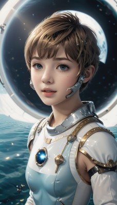 1girl,solo,breasts,looking at viewer,smile,short hair,open mouth,bangs,blue eyes,brown hair,jewelry,upper body,earrings,small breasts,parted lips,detached sleeves,teeth,water,armor,lips,grey eyes,eyelashes,bodysuit,moon,freckles,science fiction,realistic,nose,space,very short hair,planet,spacesuit,artist name,gem,star (sky),headset,astronaut