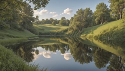 outdoors,sky,day,cloud,water,tree,blue sky,no humans,sunlight,cloudy sky,grass,nature,scenery,forest,reflection,river,landscape,lake,reflective water,artist name,signature,plant