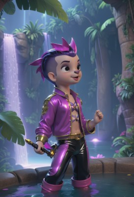 1girl,solo,smile,short hair,open mouth,1boy,navel,holding,brown eyes,standing,jacket,weapon,purple hair,male focus,multicolored hair,boots,outdoors,open clothes,teeth,belt,pants,sword,signature,dark skin,water,holding weapon,black eyes,two-tone hair,open jacket,tree,leaf,holding sword,black pants,plant,clenched hand,nature,furry,wading,purple jacket,very short hair,leather,undercut,waterfall,mohawk,leather pants,hair ornament,flower,midriff,artist name,dark-skinned male,child,male child