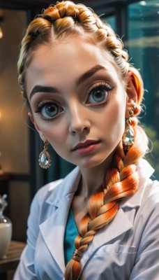 1girl,solo,long hair,looking at viewer,blue eyes,blonde hair,shirt,jewelry,closed mouth,upper body,braid,earrings,artist name,indoors,orange hair,blurry,lips,head tilt,eyelashes,single braid,makeup,depth of field,blurry background,blue shirt,hair over shoulder,forehead,freckles,realistic,nose,labcoat,hair pulled back,mascara,signature,aqua eyes,coat,watermark,expressionless,sunlight,thick eyebrows,lipstick,gem,web address,backlighting,glint,red lips,aqua shirt