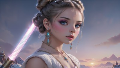 1girl,solo,looking at viewer,blush,short hair,blue eyes,blonde hair,brown hair,jewelry,collarbone,upper body,weapon,earrings,outdoors,parted lips,sky,teeth,sword,cloud,necklace,hair bun,lips,eyelashes,makeup,single hair bun,lipstick,portrait,mountain,realistic,fantasy,glowing weapon,energy sword,sunrise,lightsaber,holding,cleavage,holding weapon,glowing,holding sword,piercing,gem,eyeshadow,nose,castle,mascara