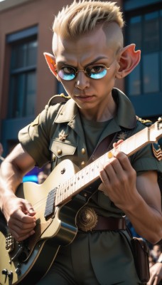 solo,looking at viewer,short hair,blonde hair,shirt,1boy,holding,brown eyes,closed mouth,short sleeves,male focus,glasses,pointy ears,belt,pants,blurry,uniform,military,military uniform,blurry background,sunglasses,instrument,realistic,round eyewear,music,guitar,playing instrument,holding instrument,hair slicked back,electric guitar,1girl,jacket,lips,very short hair,undercut,mohawk,plectrum