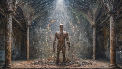 solo,1boy,standing,male focus,indoors,muscular,bandages,scenery,fish,walking,light rays,fantasy,arms at sides,ruins,pillar,statue,black hair,tattoo,topless male,column