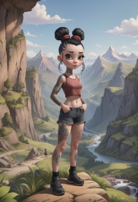 1girl,solo,breasts,looking at viewer,smile,blue eyes,black hair,navel,bare shoulders,jewelry,closed mouth,standing,collarbone,full body,earrings,small breasts,boots,outdoors,sky,shoes,shorts,sleeveless,day,midriff,artist name,cloud,water,hair bun,black footwear,black eyes,tree,blue sky,lips,crop top,short shorts,double bun,tattoo,makeup,black shorts,single hair bun,thick eyebrows,tank top,grass,denim,nature,forehead,denim shorts,hands on hips,hoop earrings,rock,mountain,hands in pockets,red lips,ankle boots,arm tattoo,shoulder tattoo,river,waterfall,leg tattoo,stomach tattoo,cliff,full-body tattoo,short hair,hair ornament,1boy,solo focus,socks,nose,giant,giantess,mohawk,neck tattoo,combat boots