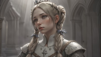 1girl,solo,long hair,blonde hair,bow,ribbon,twintails,brown eyes,hair ribbon,upper body,braid,hair bow,artist name,indoors,armor,blurry,twin braids,lips,blurry background,looking away,tiara,crown,looking up,shoulder armor,portrait,hair over shoulder,freckles,pauldrons,realistic,blush,bangs,closed mouth,mole,parted bangs,depth of field,sunlight,blue ribbon,forehead,nose,red lips,hair behind ear,pillar,column