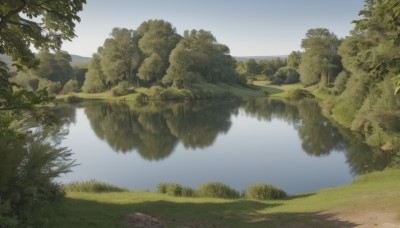 outdoors,sky,day,cloud,water,tree,blue sky,no humans,grass,nature,scenery,forest,reflection,rock,mountain,river,landscape,lake,plant,bush,reflective water