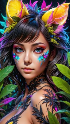 1girl,solo,long hair,breasts,looking at viewer,bangs,blue eyes,black hair,hair ornament,animal ears,bare shoulders,medium breasts,closed mouth,green eyes,upper body,flower,shiny,artist name,signature,hair flower,dark skin,from side,dark-skinned female,lips,eyelashes,tattoo,makeup,swept bangs,leaf,watermark,facial mark,bug,plant,lipstick,butterfly,portrait,eyeshadow,pink lips,nose,red lips,eyeliner,facepaint,vines,mascara,large breasts,brown hair,cleavage,food,fruit,orange (fruit),bodypaint,colorful,lemon,lemon slice