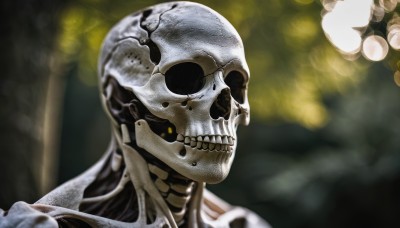 solo,1boy,yellow eyes,male focus,teeth,blurry,no humans,blurry background,portrait,1other,colored sclera,skull,realistic,black sclera,skeleton,bone,upper body,depth of field,science fiction,alien