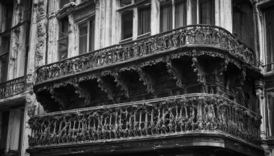 monochrome,greyscale,indoors,dutch angle,no humans,window,sunlight,plant,scenery,stairs,railing,architecture,bridge,pillar,statue,church,arch,column,vines,chandelier