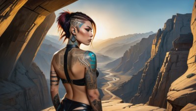 1girl,solo,breasts,short hair,brown hair,black hair,bare shoulders,jewelry,medium breasts,ponytail,ass,red hair,multicolored hair,earrings,outdoors,midriff,looking back,from behind,two-tone hair,lips,tattoo,makeup,back,eyeshadow,short ponytail,mountain,nose,arm tattoo,undercut,hair pulled back,back tattoo,underwear,upper body,sky,day,dark skin,bra,dark-skinned female,profile,piercing,lipstick,asymmetrical hair,ruins,earphones,mohawk,sunrise,desert