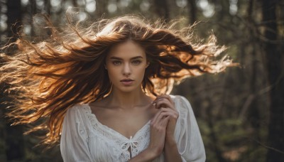 1girl,solo,long hair,looking at viewer,brown hair,dress,brown eyes,closed mouth,collarbone,upper body,puffy sleeves,dark skin,nail polish,white dress,orange hair,blurry,dark-skinned female,lips,floating hair,depth of field,blurry background,own hands together,wind,realistic,nose,own hands clasped,blue eyes,parted lips,fingernails,eyelashes,sunlight,light