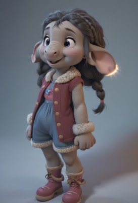 1girl,solo,long hair,smile,open mouth,blue eyes,brown hair,shirt,black hair,animal ears,twintails,jewelry,standing,full body,braid,earrings,boots,open clothes,shorts,black eyes,vest,twin braids,fur trim,child,furry,freckles,furry female,female child,overalls,fur-trimmed boots,blush,simple background,gloves,jacket,pantyhose,coat,red jacket,pink footwear