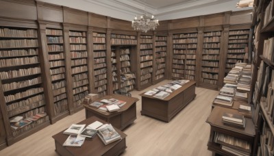 indoors,book,no humans,chair,table,scenery,wooden floor,bookshelf,lamp,shelf,book stack,library,ladder,voile,paper,chandelier