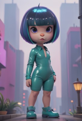 1girl,solo,breasts,looking at viewer,short hair,bangs,blue eyes,black hair,long sleeves,closed mouth,blue hair,standing,full body,ahoge,multicolored hair,small breasts,boots,outdoors,shoes,shiny,blunt bangs,nail polish,blurry,black eyes,shiny hair,flat chest,lips,loli,bodysuit,makeup,blurry background,expressionless,bob cut,plant,building,child,skin tight,zipper,freckles,shiny clothes,city,female child,lamppost,green footwear,skyscraper,bowl cut,green bodysuit,aqua footwear,shorts,two-tone hair,sneakers,furry,furry female,unzipped