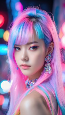 1girl,solo,long hair,looking at viewer,bangs,bare shoulders,brown eyes,jewelry,closed mouth,blue hair,upper body,pink hair,multicolored hair,earrings,necklace,blurry,two-tone hair,lips,makeup,depth of field,blurry background,portrait,eyeshadow,realistic,nose,choker,blunt bangs,from side,looking to the side,watermark,gem,mascara