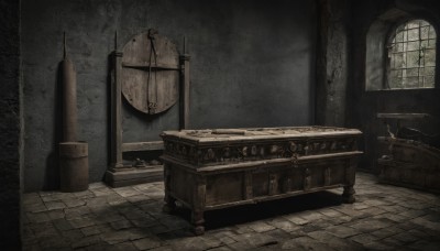 indoors,no humans,window,bird,scenery,door,clock,wall,weapon,sword,table,stairs,fantasy,tiles,tile floor,brick wall,treasure chest,stone wall,brick