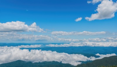 outdoors,sky,day,cloud,water,blue sky,no humans,ocean,cloudy sky,grass,nature,scenery,blue theme,mountain,horizon,field,landscape,mountainous horizon,hill,aircraft