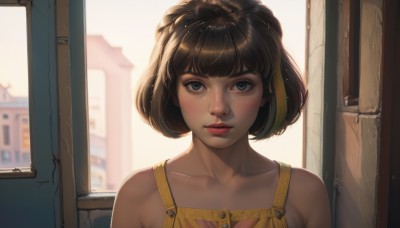 1girl,solo,looking at viewer,short hair,bangs,blue eyes,brown hair,dress,bare shoulders,closed mouth,collarbone,upper body,multicolored hair,parted lips,day,artist name,indoors,dark skin,blunt bangs,blurry,two-tone hair,dark-skinned female,lips,streaked hair,grey eyes,eyelashes,window,makeup,bob cut,lipstick,portrait,backlighting,freckles,realistic,nose,red lips,blush,black hair,outdoors,sleeveless,black eyes,sleeveless dress,sunlight,thick eyebrows,building,pink lips,yellow dress,mascara