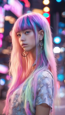 1girl,solo,long hair,looking at viewer,bangs,shirt,jewelry,blue hair,upper body,pink hair,purple hair,short sleeves,multicolored hair,earrings,blurry,from side,two-tone hair,lips,makeup,depth of field,blurry background,blue shirt,hoop earrings,realistic,nose,bokeh,blue eyes,closed mouth,parted lips,artist name,blunt bangs,necklace,eyelashes,gradient hair,watermark,lipstick,web address