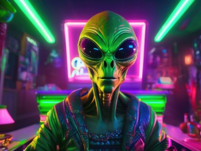 solo,looking at viewer,1boy,collarbone,jacket,upper body,male focus,open clothes,indoors,blurry,open jacket,mask,blurry background,1other,science fiction,cyborg,alien,cyberpunk,neon lights,no humans,money